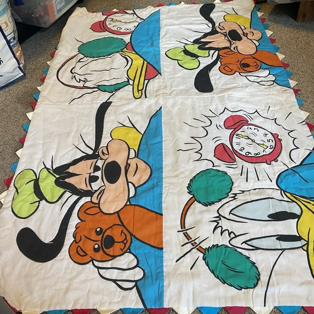 Vintage Disney Baby Crib Blanket Quilted Donald Goofy Alarm Clock Teddy 54”x36”